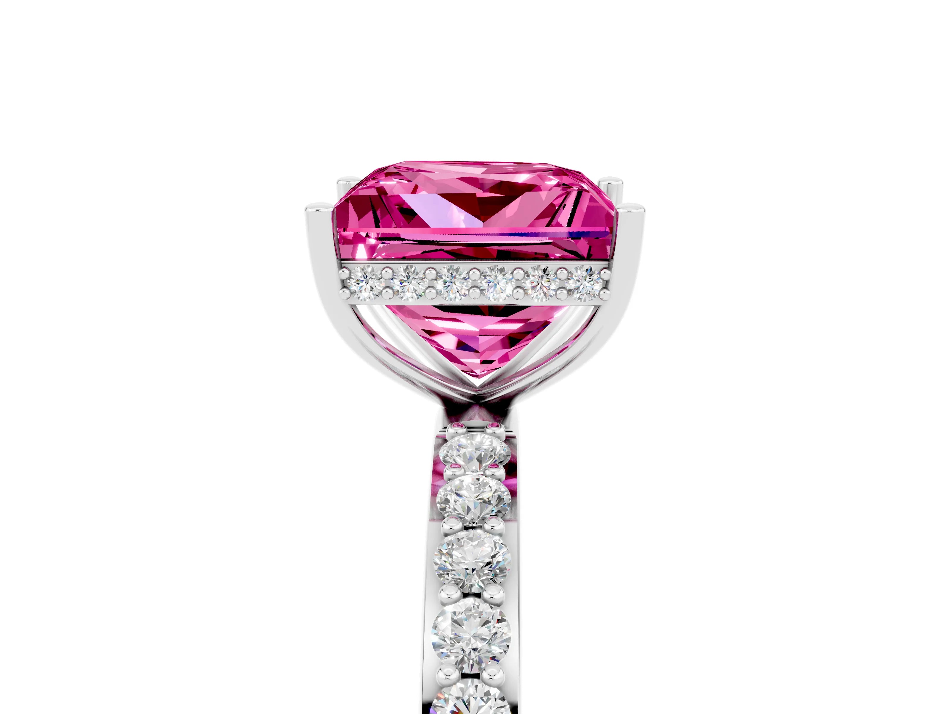 White gold Princess Cut Pink Sapphire Solitaire Ring with Pavé Band and Hidden Halo_29