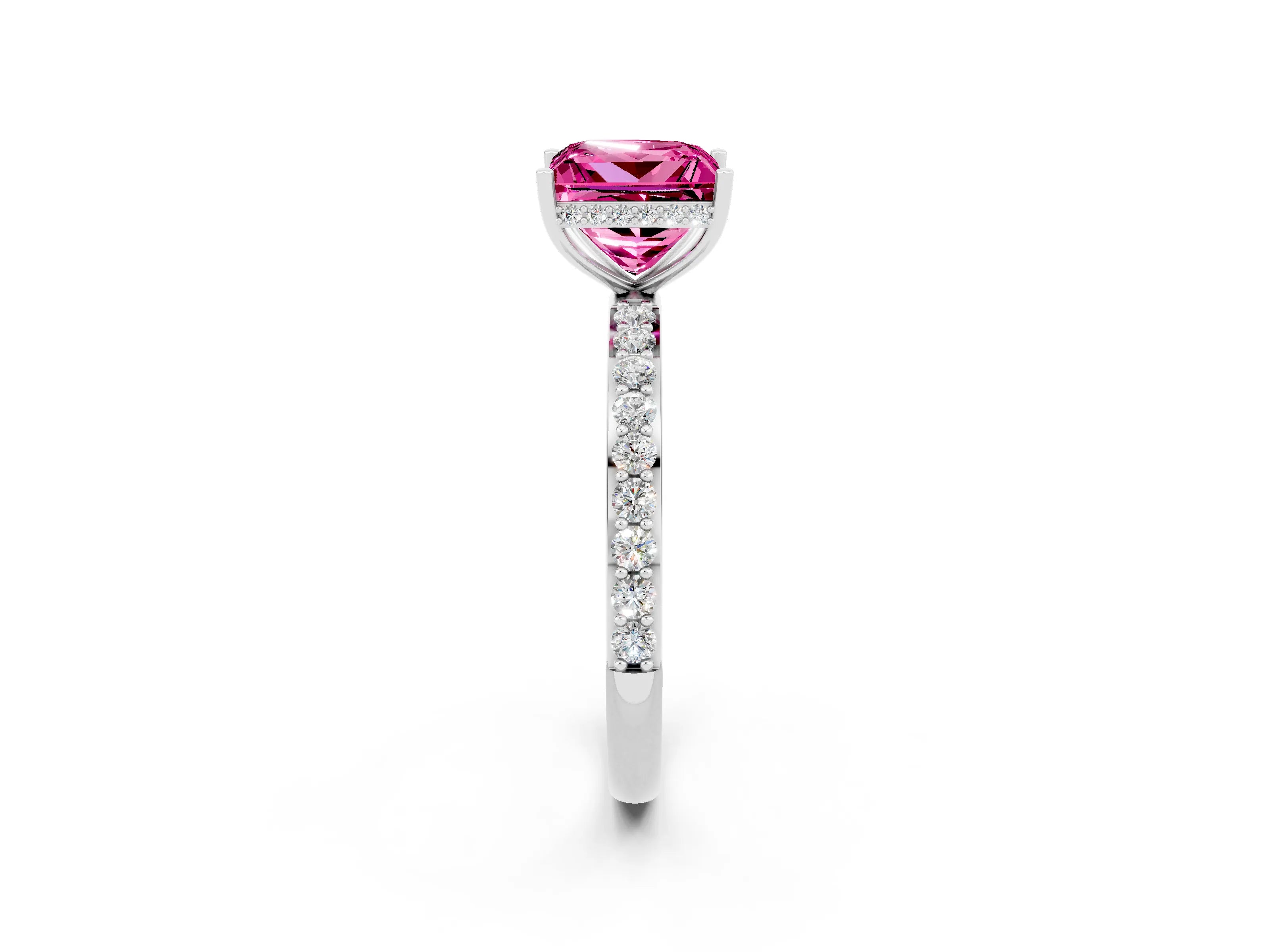 White gold Princess Cut Pink Sapphire Solitaire Ring with Pavé Band and Hidden Halo_2