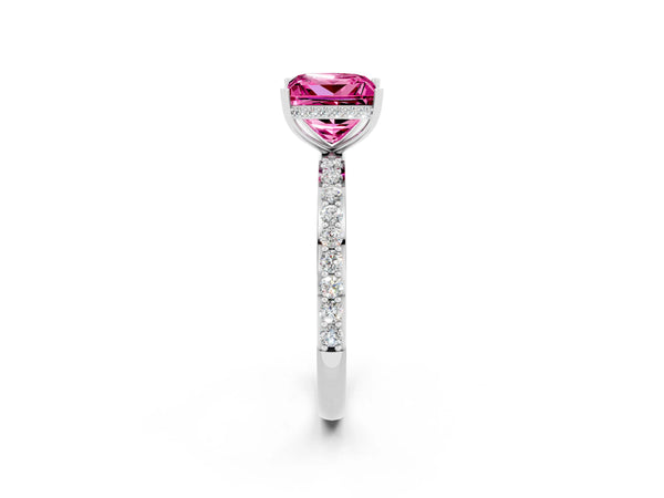 Silver Princess Cut Pink Sapphire Solitaire Ring with Pavé Band and Hidden Halo