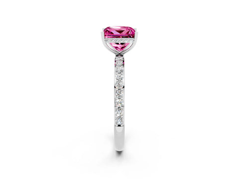 White gold Princess Cut Pink Sapphire Solitaire Ring with Pavé Band and Hidden Halo_2