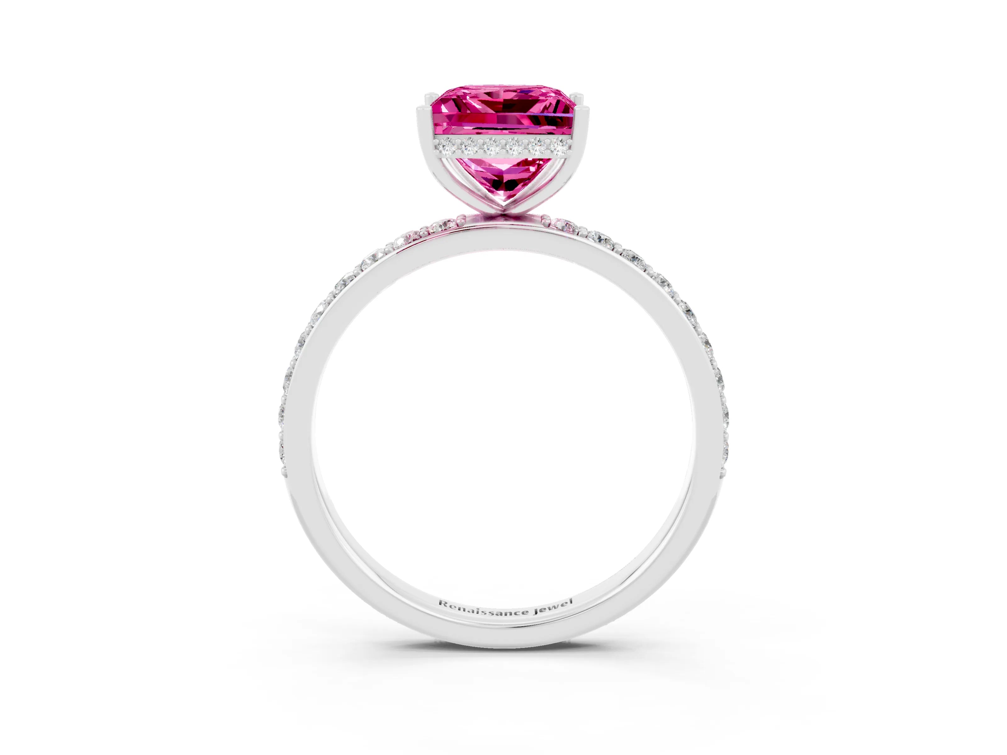 White gold Princess Cut Pink Sapphire Solitaire Ring with Pavé Band and Hidden Halo_3