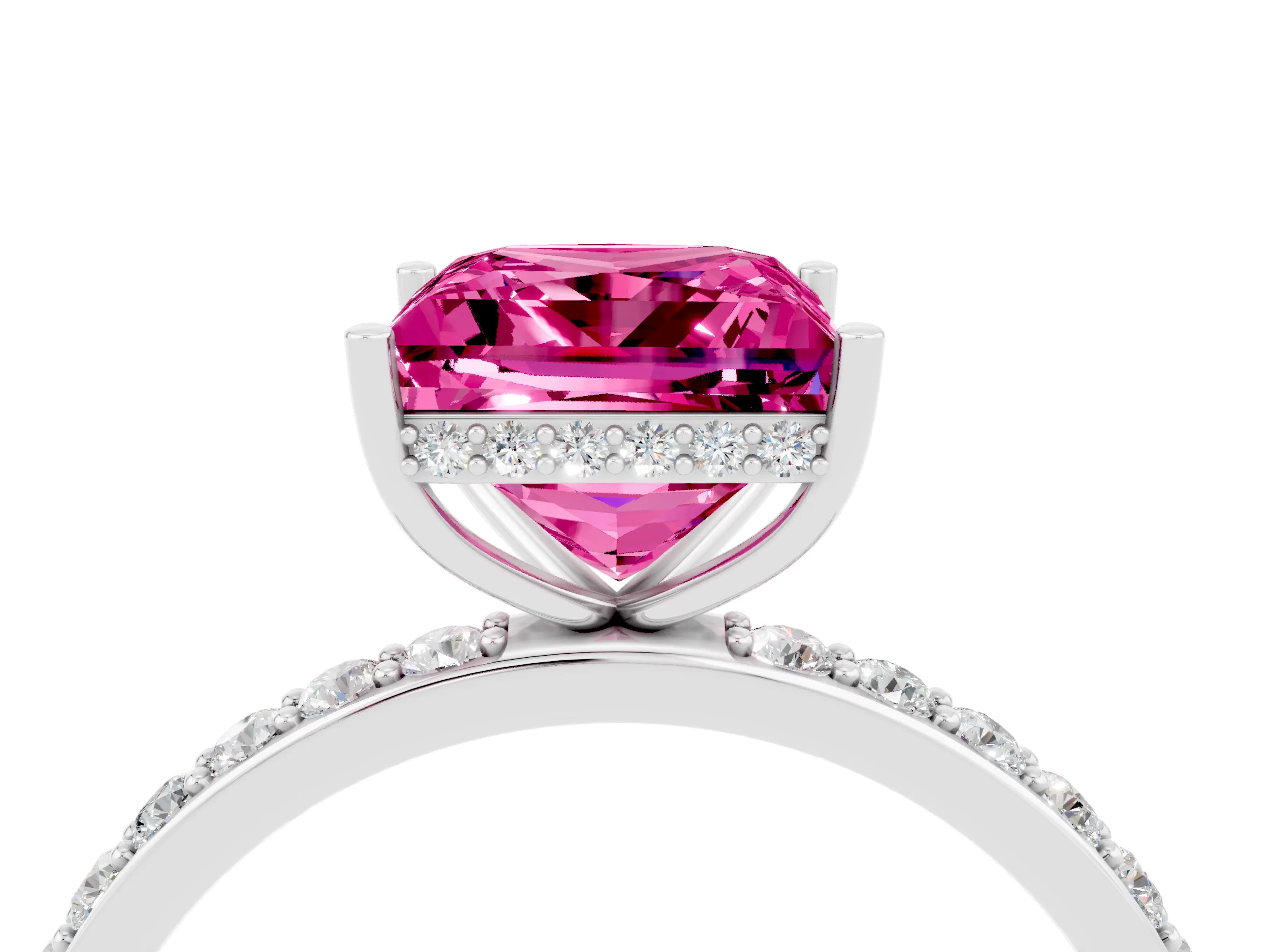White gold Princess Cut Pink Sapphire Solitaire Ring with Pavé Band and Hidden Halo_4