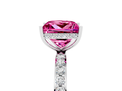 White gold Princess Cut Pink Sapphire Solitaire Ring with Pavé Band and Hidden Halo_5