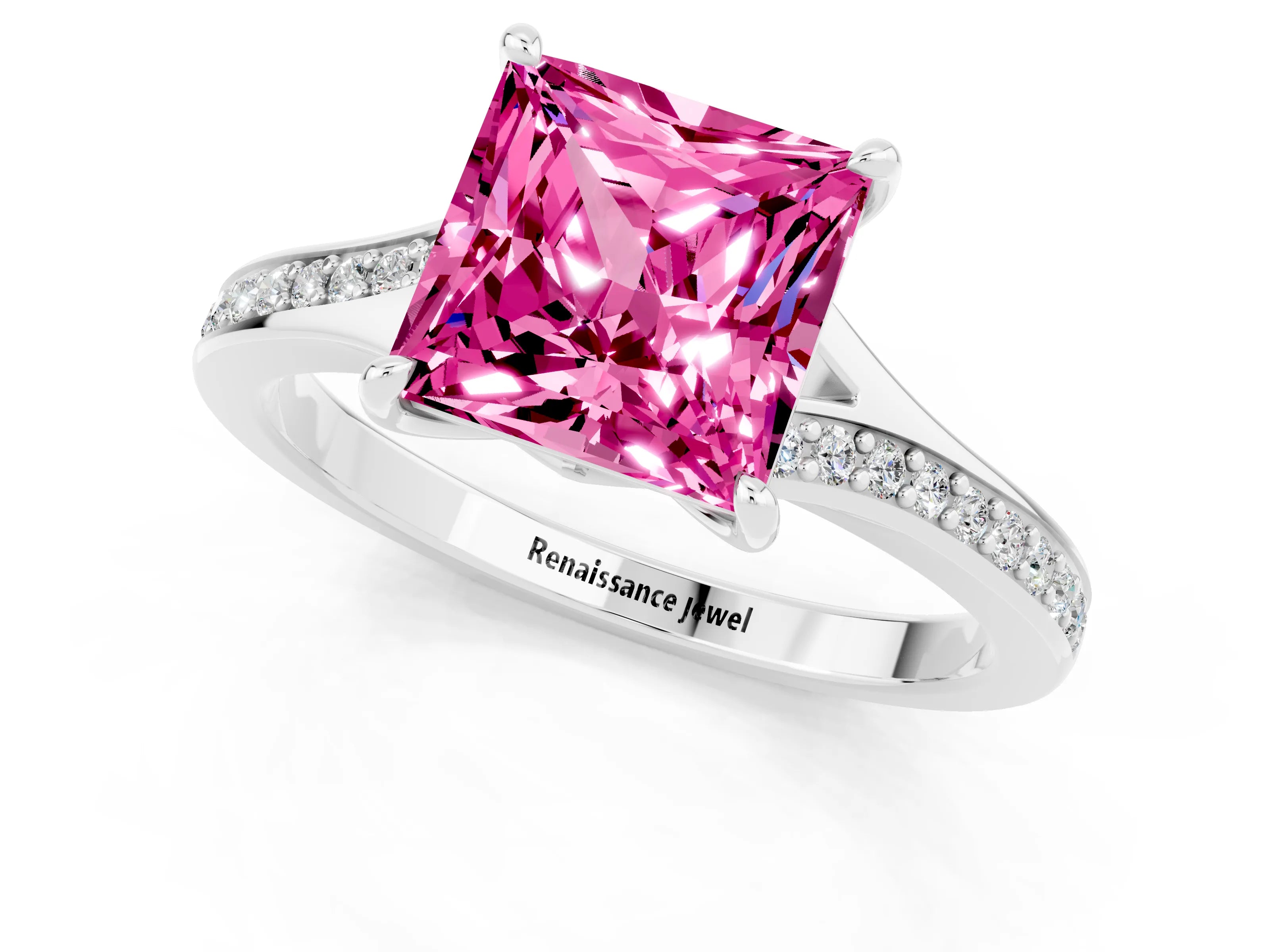 White gold Princess Cut Pink Sapphire Solitaire Ring with Pavé Band and Prong Setting_1