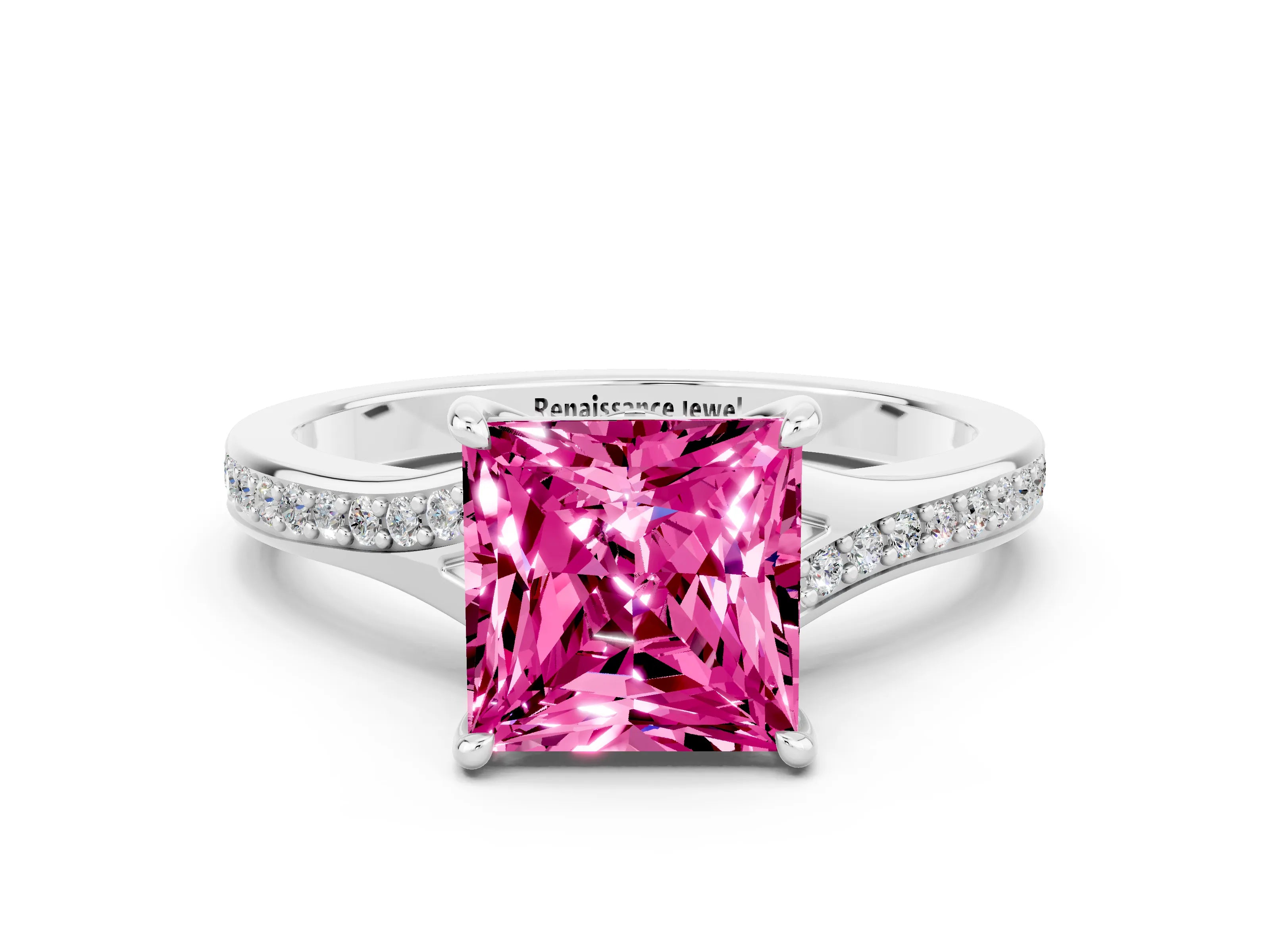 White gold Princess Cut Pink Sapphire Solitaire Ring with Pavé Band and Prong Setting_12