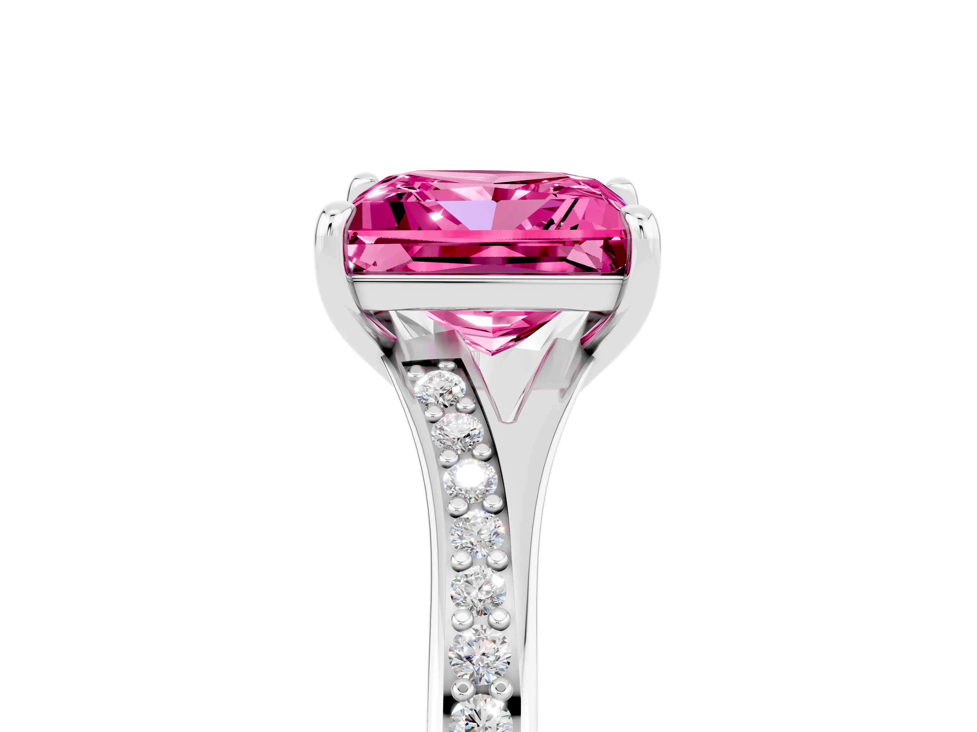 White gold Princess Cut Pink Sapphire Solitaire Ring with Pavé Band and Prong Setting_17