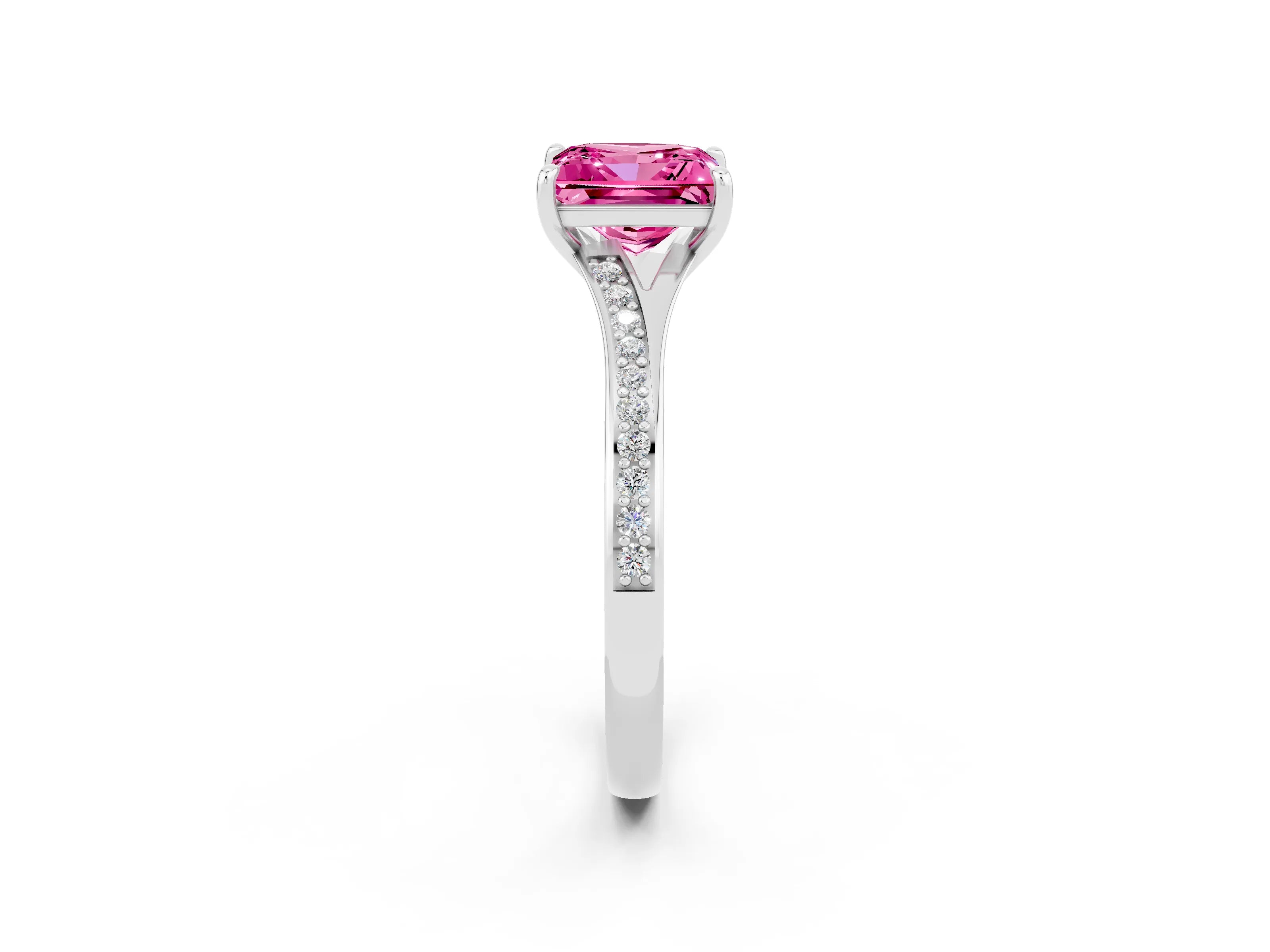 White gold Princess Cut Pink Sapphire Solitaire Ring with Pavé Band and Prong Setting_2