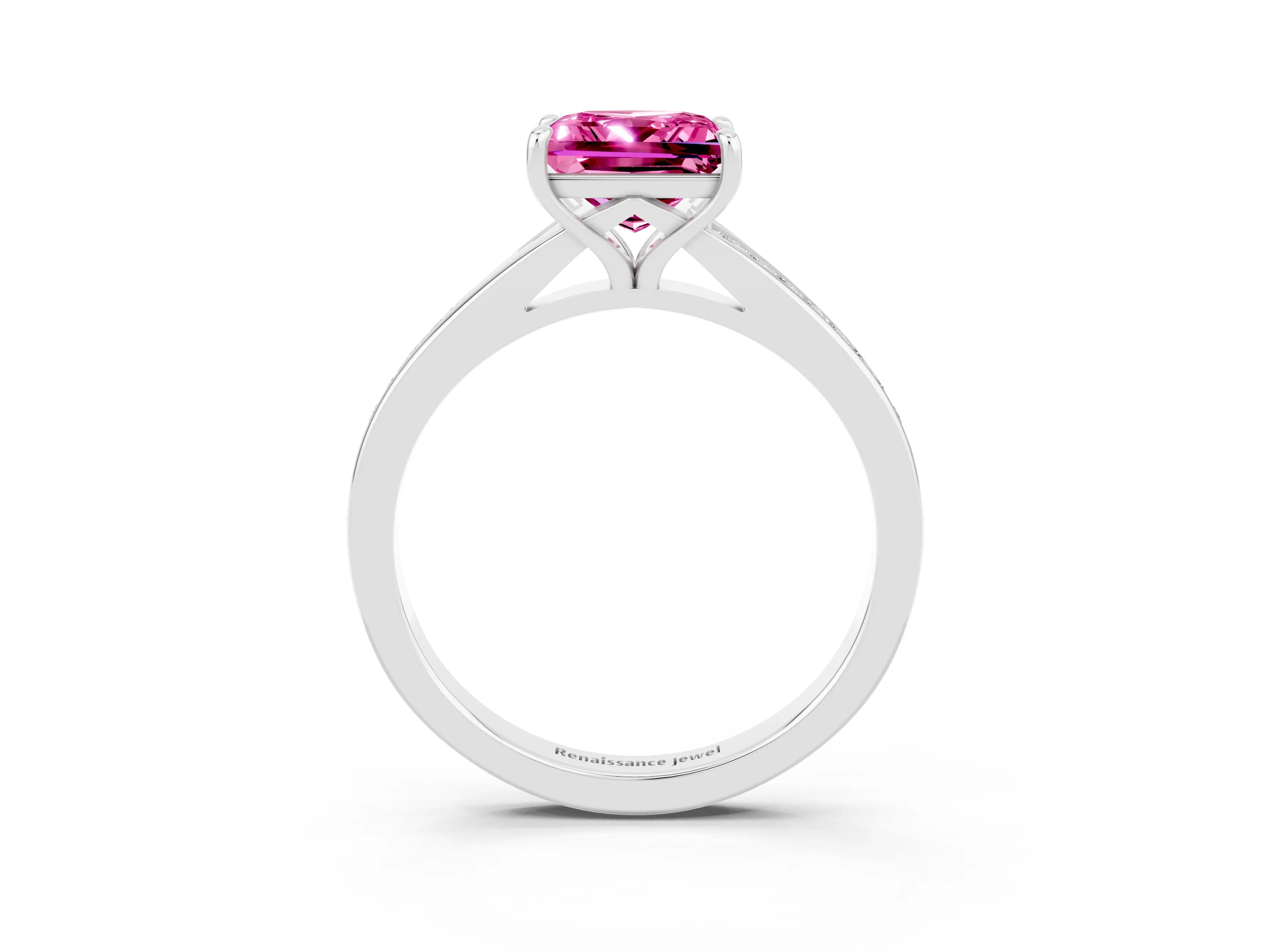 White gold Princess Cut Pink Sapphire Solitaire Ring with Pavé Band and Prong Setting_3