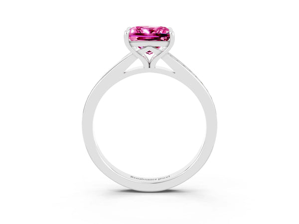 Platinum Princess Cut Pink Sapphire Solitaire Ring with Pavé Band and Prong Setting
