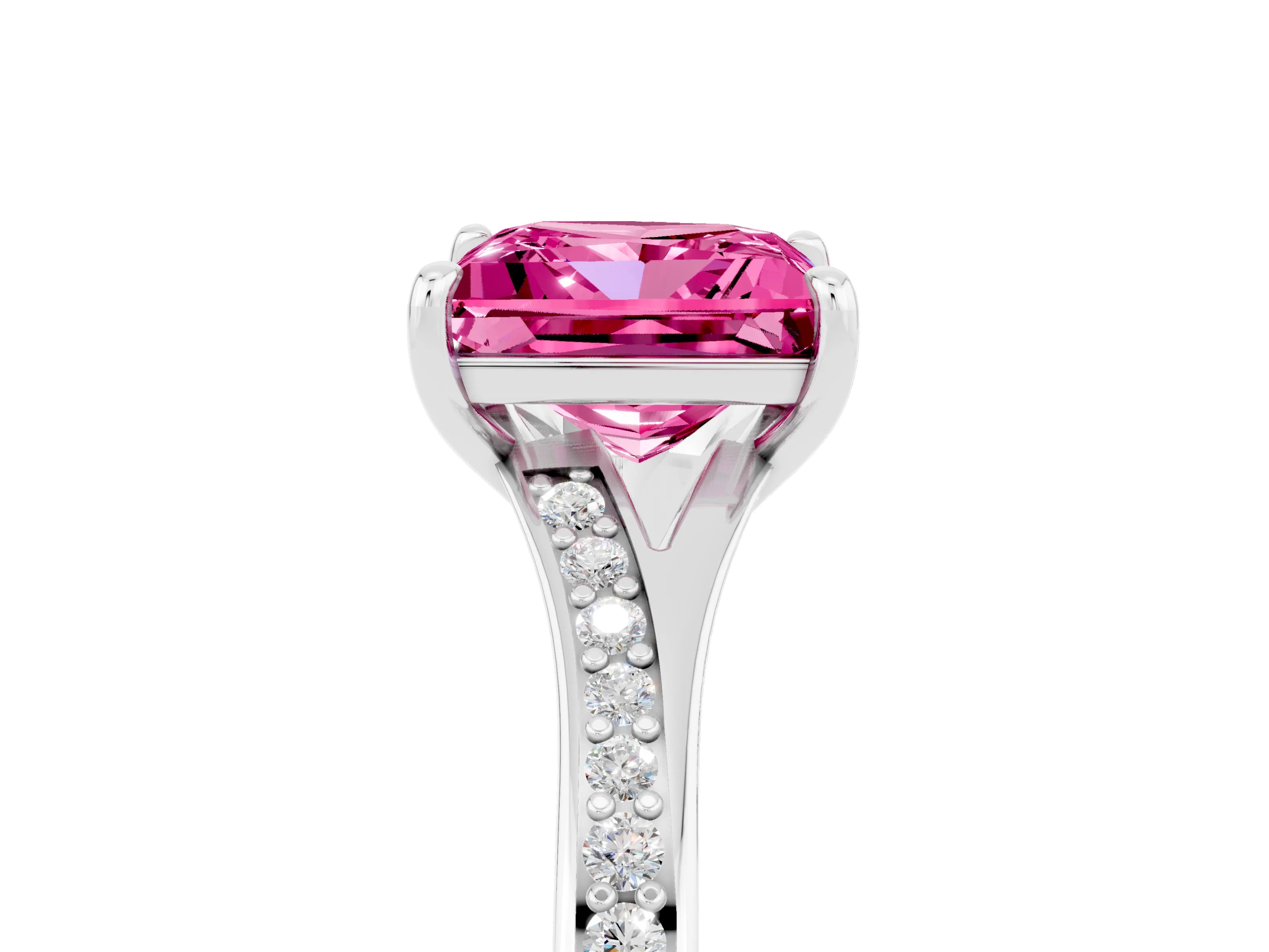 White gold Princess Cut Pink Sapphire Solitaire Ring with Pavé Band and Prong Setting_5