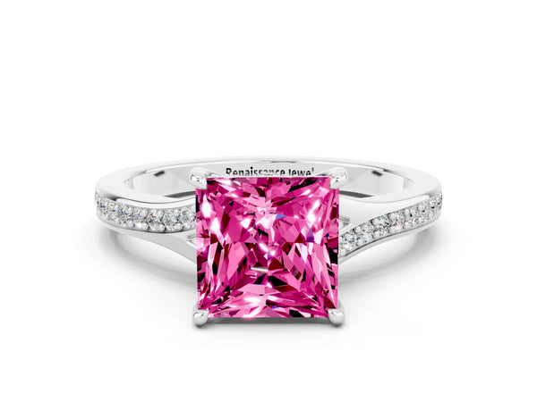 Silver Princess Cut Pink Sapphire Solitaire Ring with Pavé Band and Prong Setting