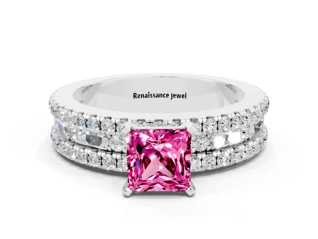 White gold Princess Cut Pink Sapphire Solitaire Ring with Pavé and Channel Set Band_24