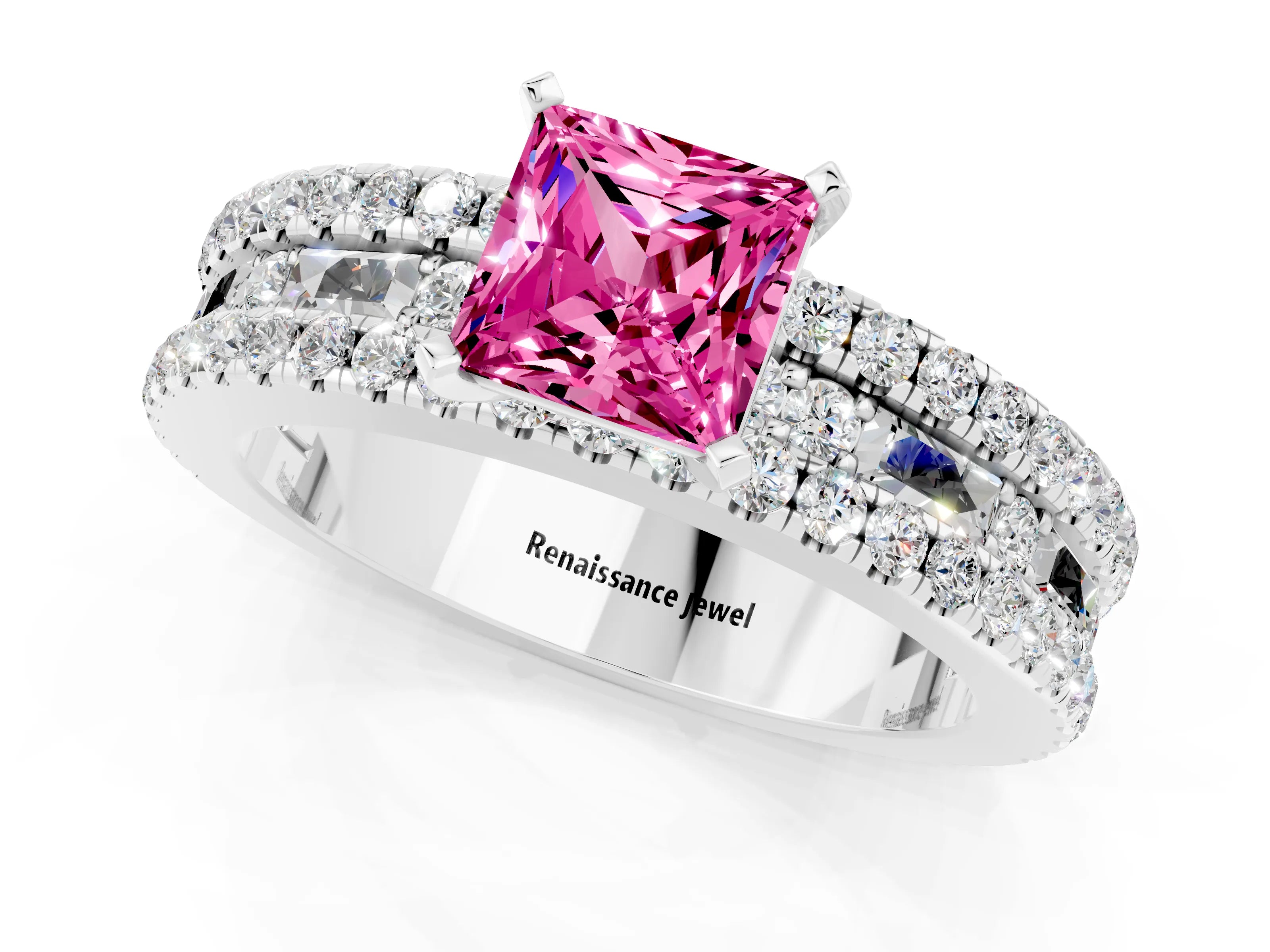 White gold Princess Cut Pink Sapphire Solitaire Ring with Pavé and Channel Set Band_25