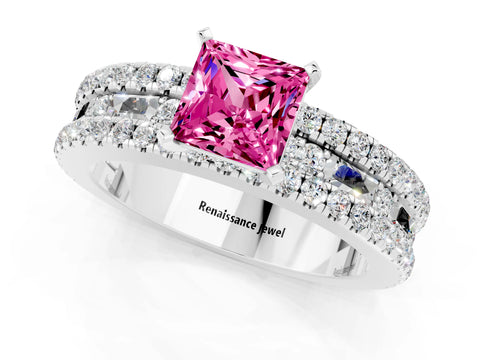 White gold Princess Cut Pink Sapphire Solitaire Ring with Pavé and Channel Set Band_25