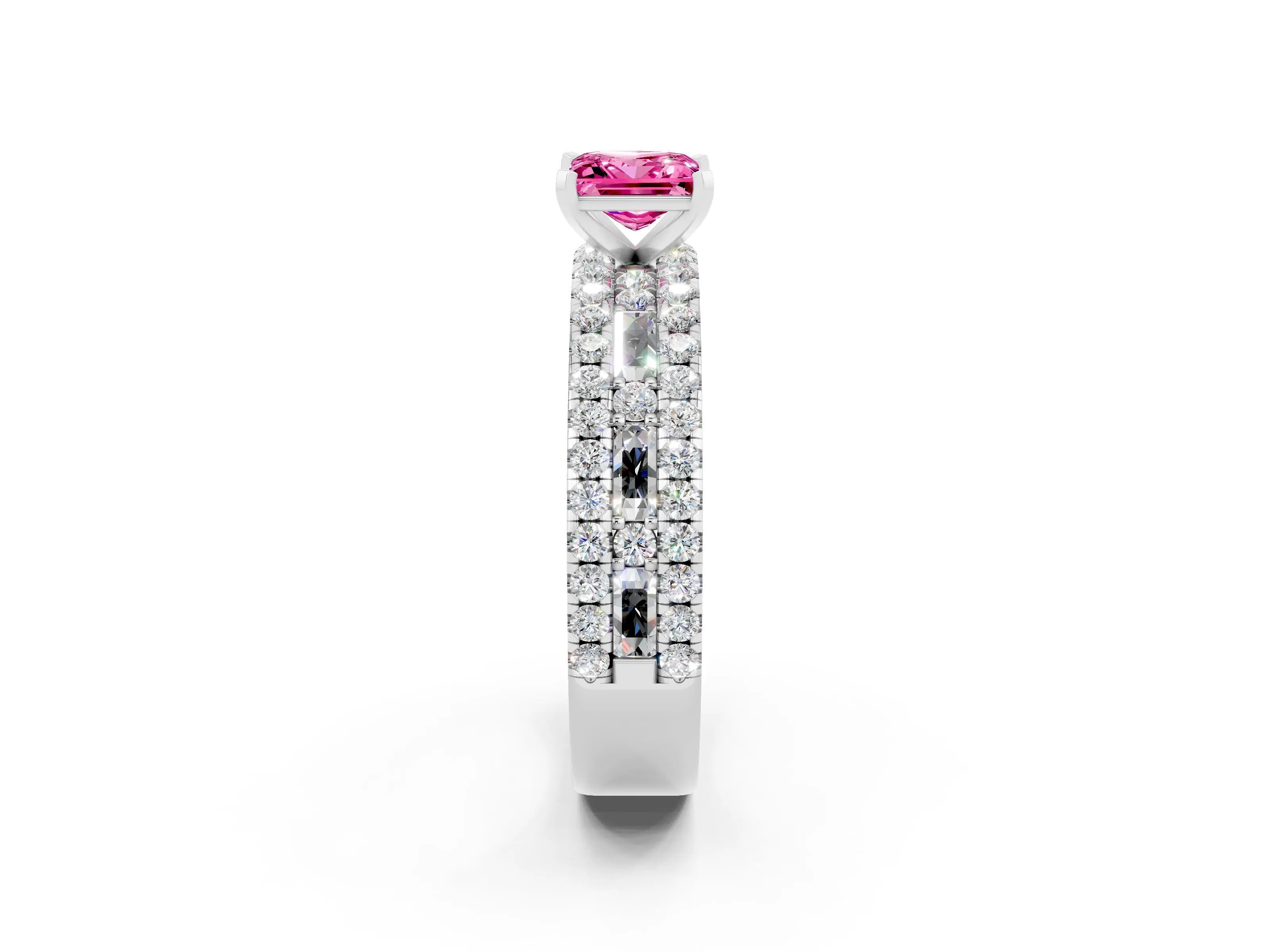 White gold Princess Cut Pink Sapphire Solitaire Ring with Pavé and Channel Set Band_26