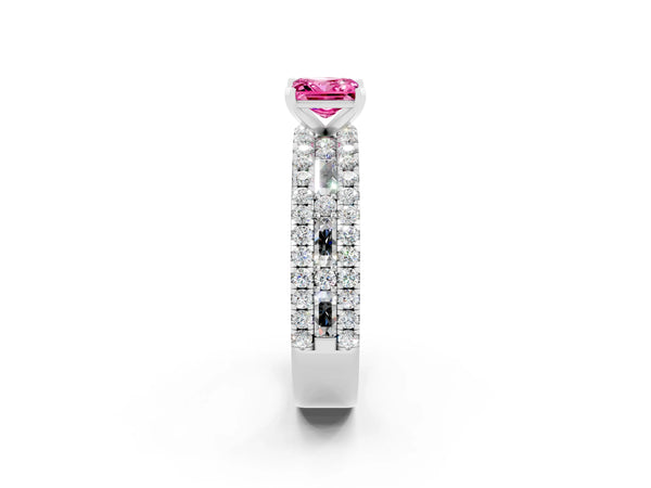 Silver Princess Cut Pink Sapphire Solitaire Ring with Pavé and Channel Set Band