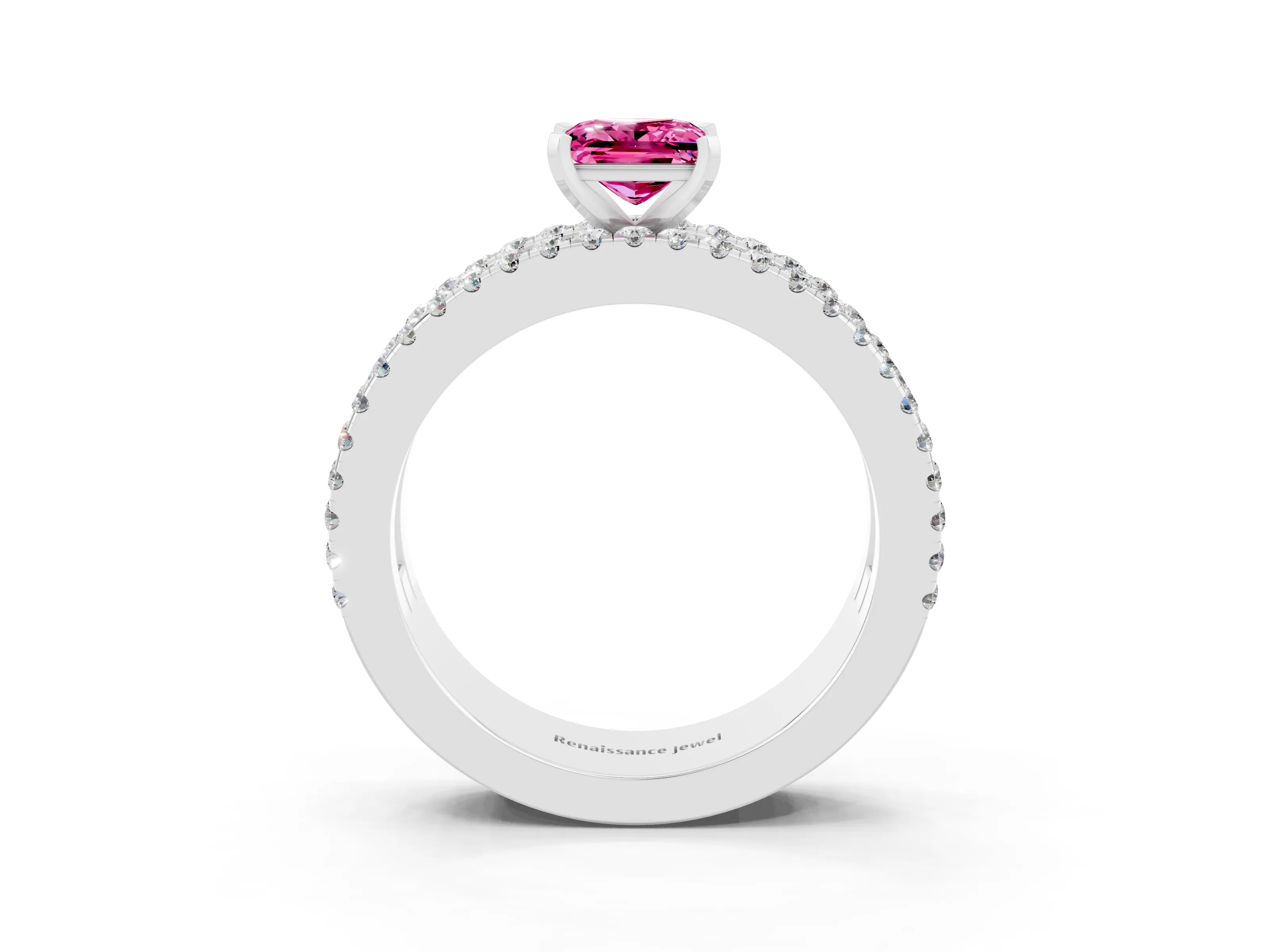 White gold Princess Cut Pink Sapphire Solitaire Ring with Pavé and Channel Set Band_27