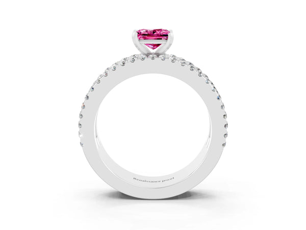 Platinum Princess Cut Pink Sapphire Solitaire Ring with Pavé and Channel Set Band