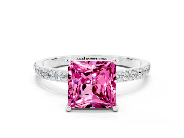 Silver Princess Cut Pink Sapphire Solitaire Ring with Round  Pavé Band and Prong Setting