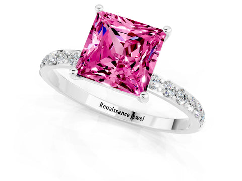 White gold Princess Cut Pink Sapphire Solitaire Ring with Pave Band and Four Prong Setting_49