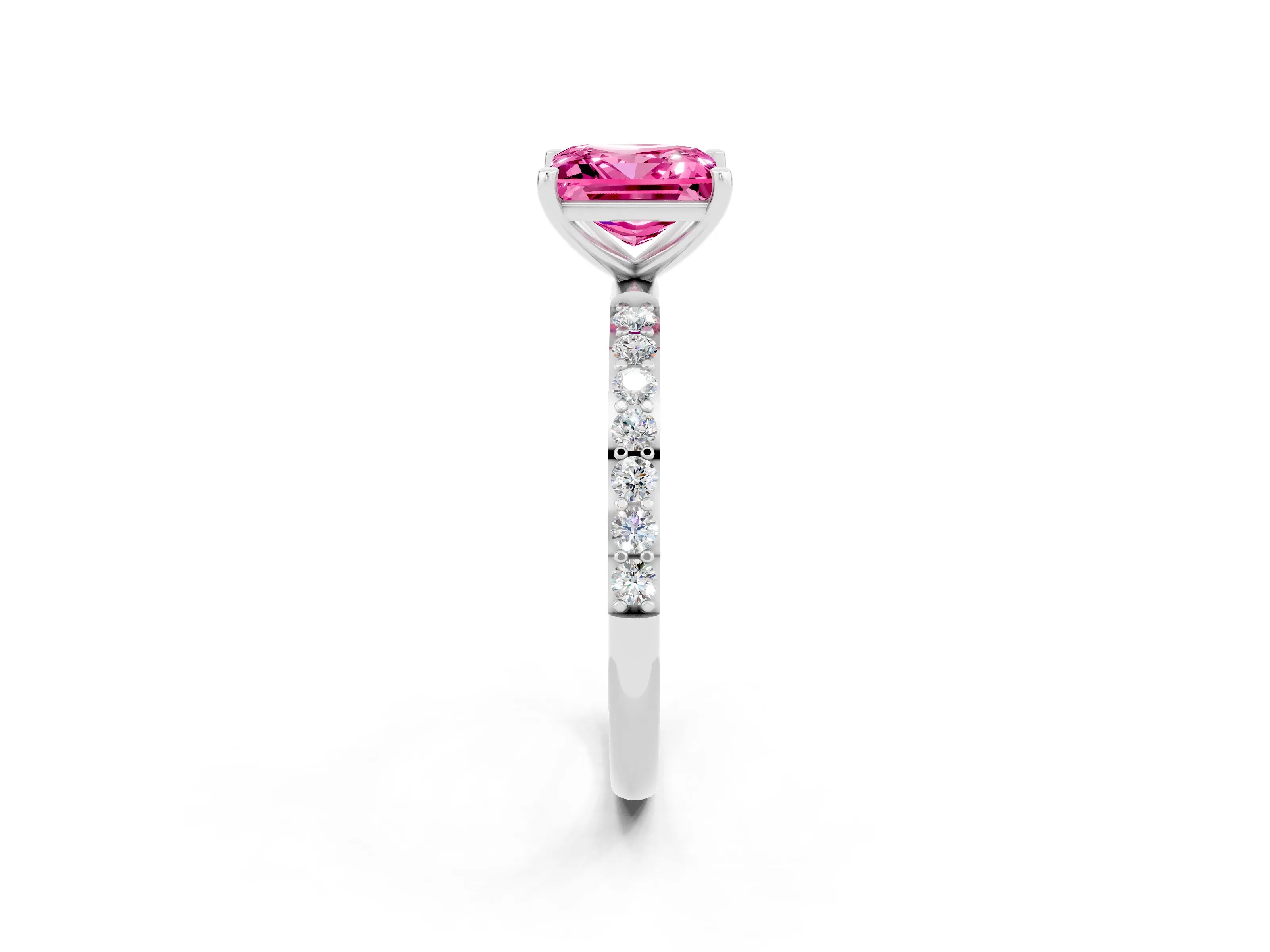 White gold Princess Cut Pink Sapphire Solitaire Ring with Pave Band and Four Prong Setting_50