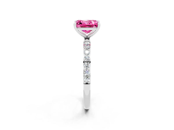 White gold Princess Cut Pink Sapphire Solitaire Ring with Round  Pavé Band and Prong Setting