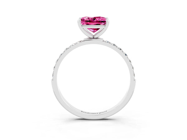 White gold Princess Cut Pink Sapphire Solitaire Ring with Round  Pavé Band and Prong Setting