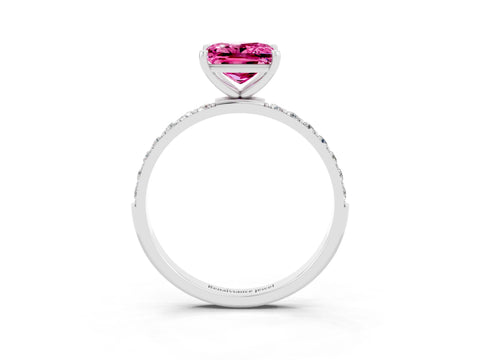 White gold Princess Cut Pink Sapphire Solitaire Ring with Pave Band and Four Prong Setting_51