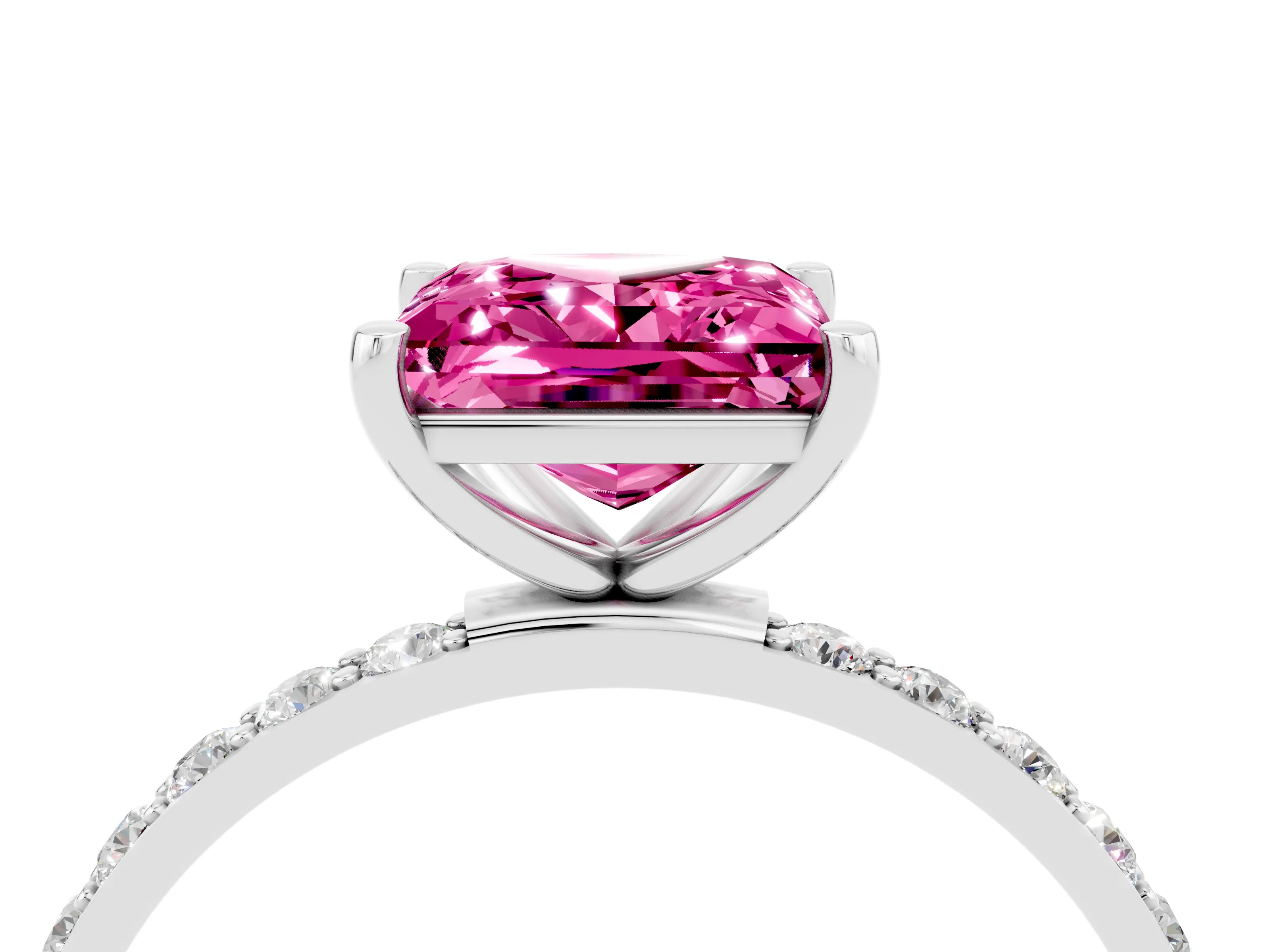 White gold Princess Cut Pink Sapphire Solitaire Ring with Pave Band and Four Prong Setting_52