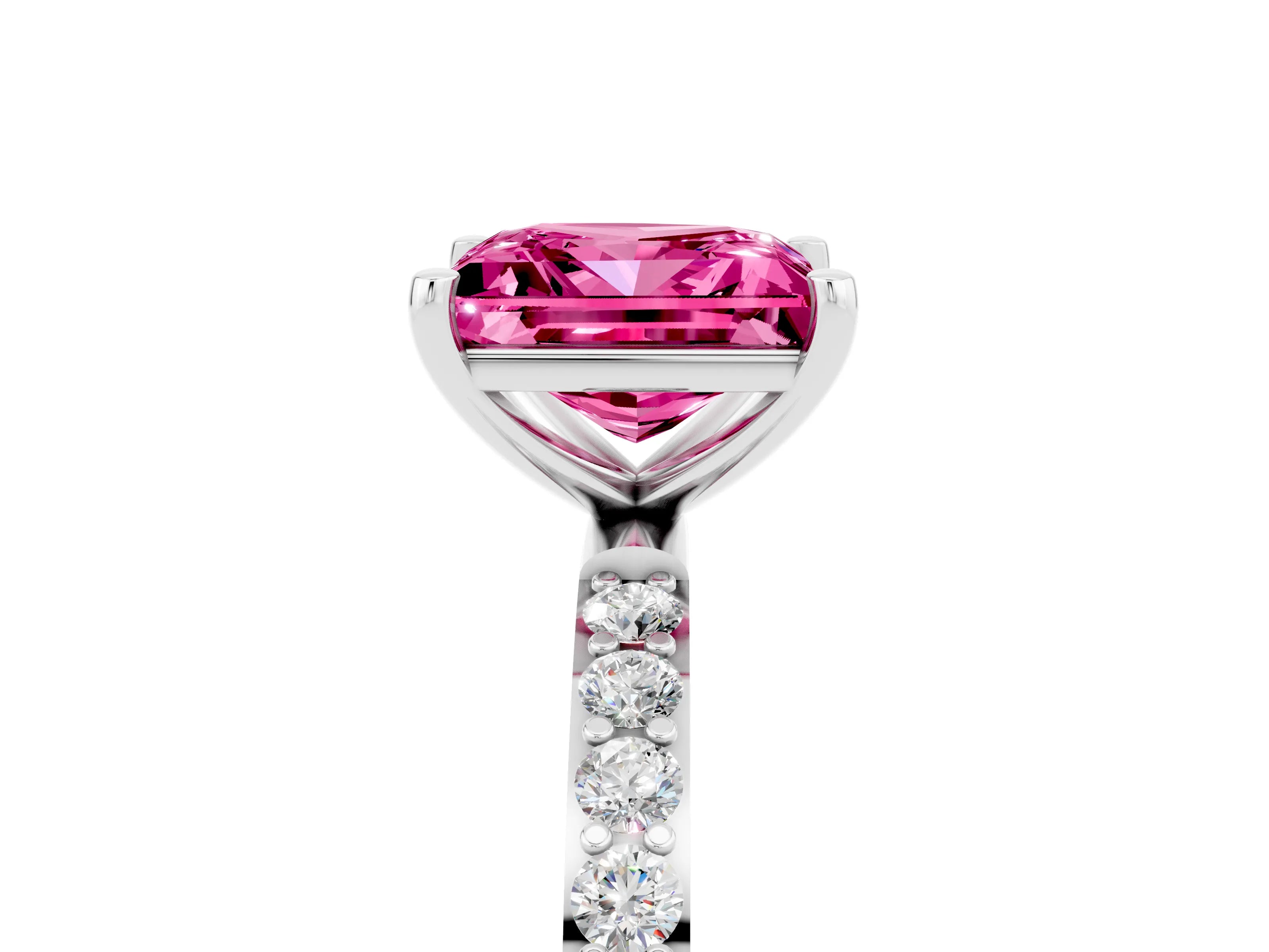 White gold Princess Cut Pink Sapphire Solitaire Ring with Pave Band and Four Prong Setting_53
