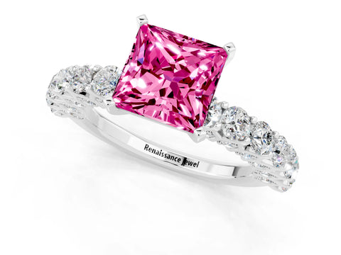 White gold Princess Cut Pink Sapphire Solitaire Ring with Shared Prong Pavé Band and Four-Prong Setting_1