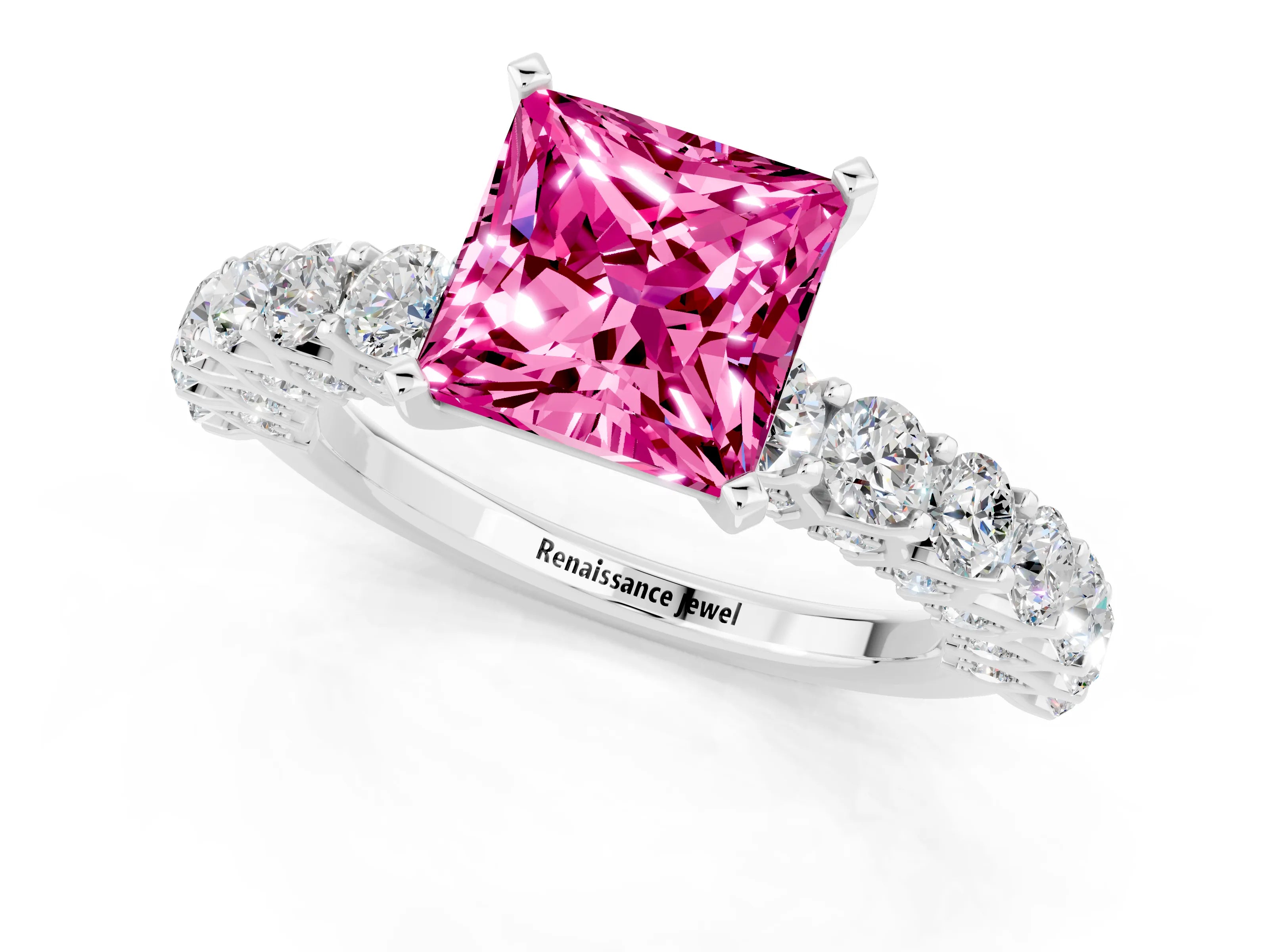 White gold Princess Cut Pink Sapphire Solitaire Ring with Shared Prong Pavé Band and Four-Prong Setting_1