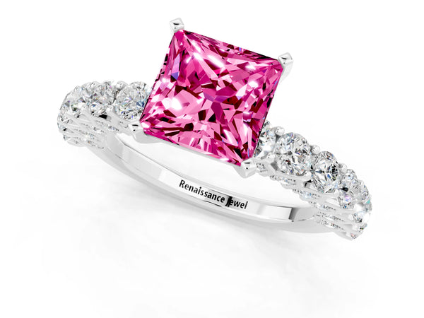White gold Princess Cut Pink Sapphire Solitaire Ring with Shared Prong Pavé Band and Four-Prong Setting