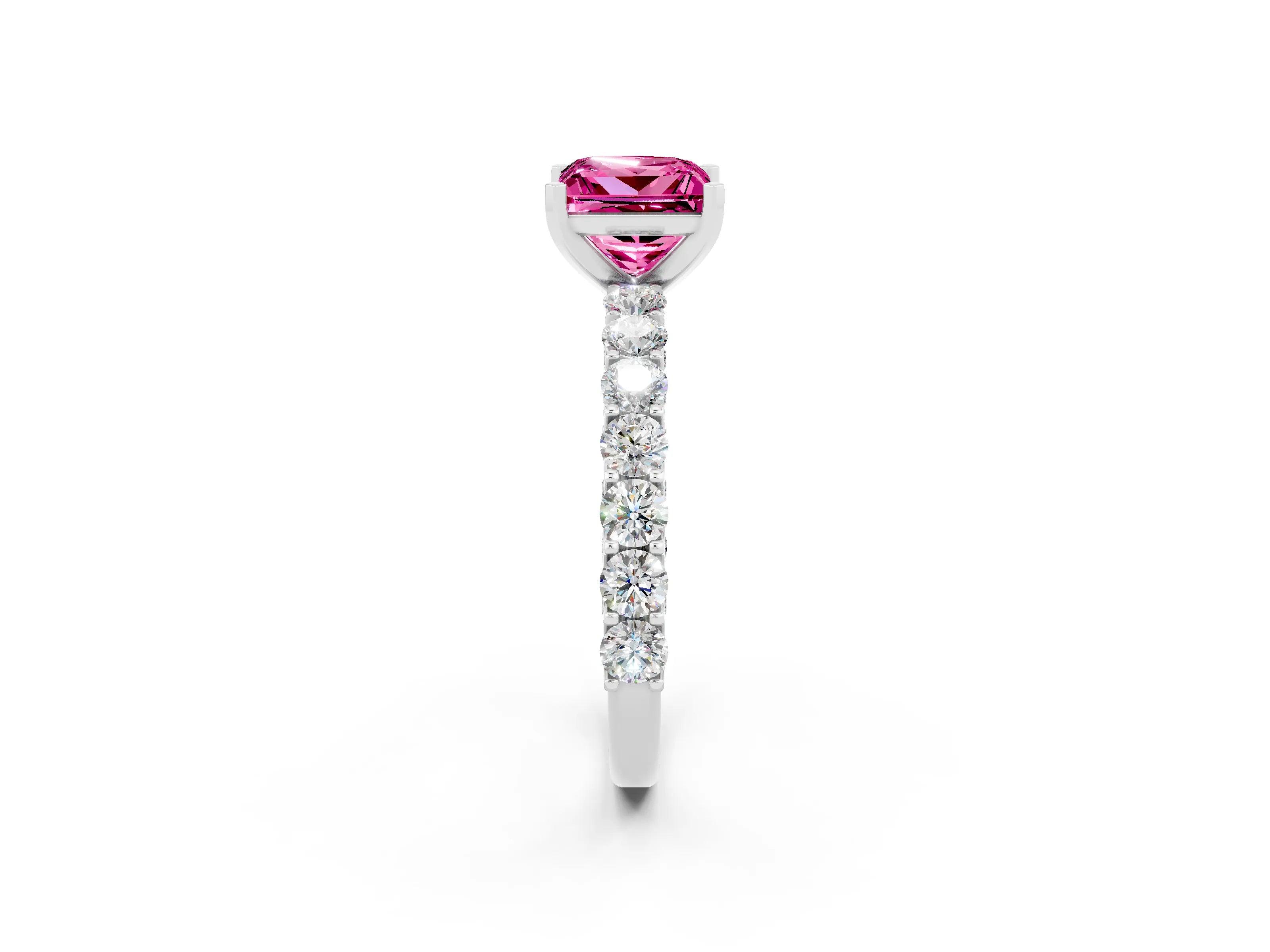 White gold Princess Cut Pink Sapphire Solitaire Ring with Shared Prong Pavé Band and Four-Prong Setting_2