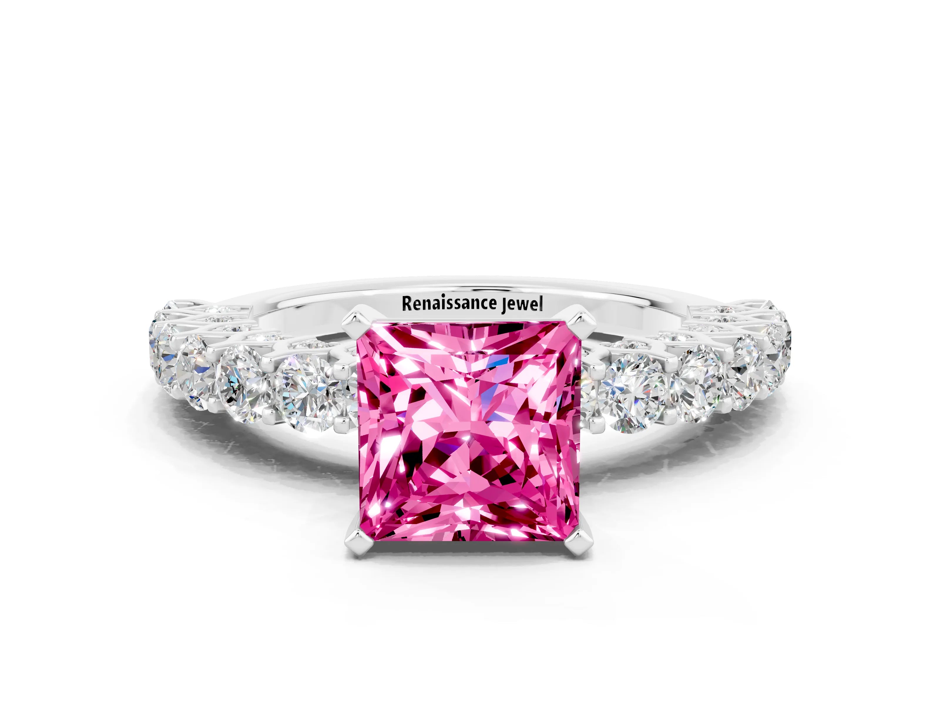 White gold Princess Cut Pink Sapphire Solitaire Ring with Shared Prong Pavé Band and Four-Prong Setting
