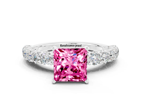 White gold Princess Cut Pink Sapphire Solitaire Ring with Shared Prong Pavé Band and Four-Prong Setting