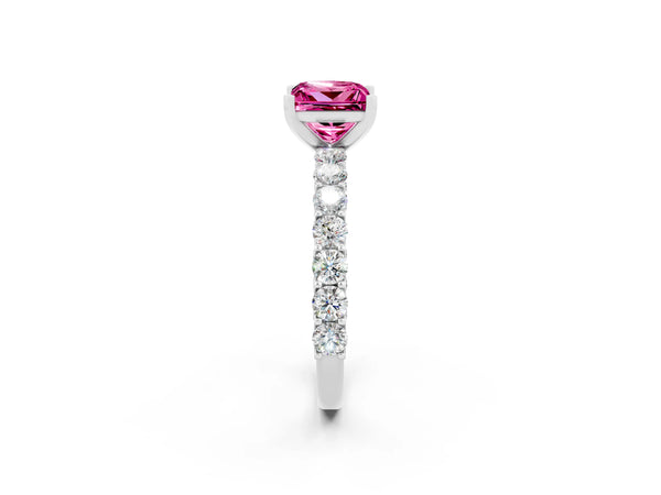 Silver Princess Cut Pink Sapphire Solitaire Ring with Shared Prong Pavé Band and Four-Prong Setting