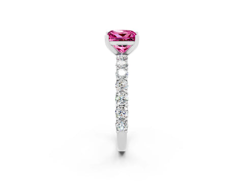 White gold Princess Cut Pink Sapphire Solitaire Ring with Shared Prong Pavé Band and Four-Prong Setting_2