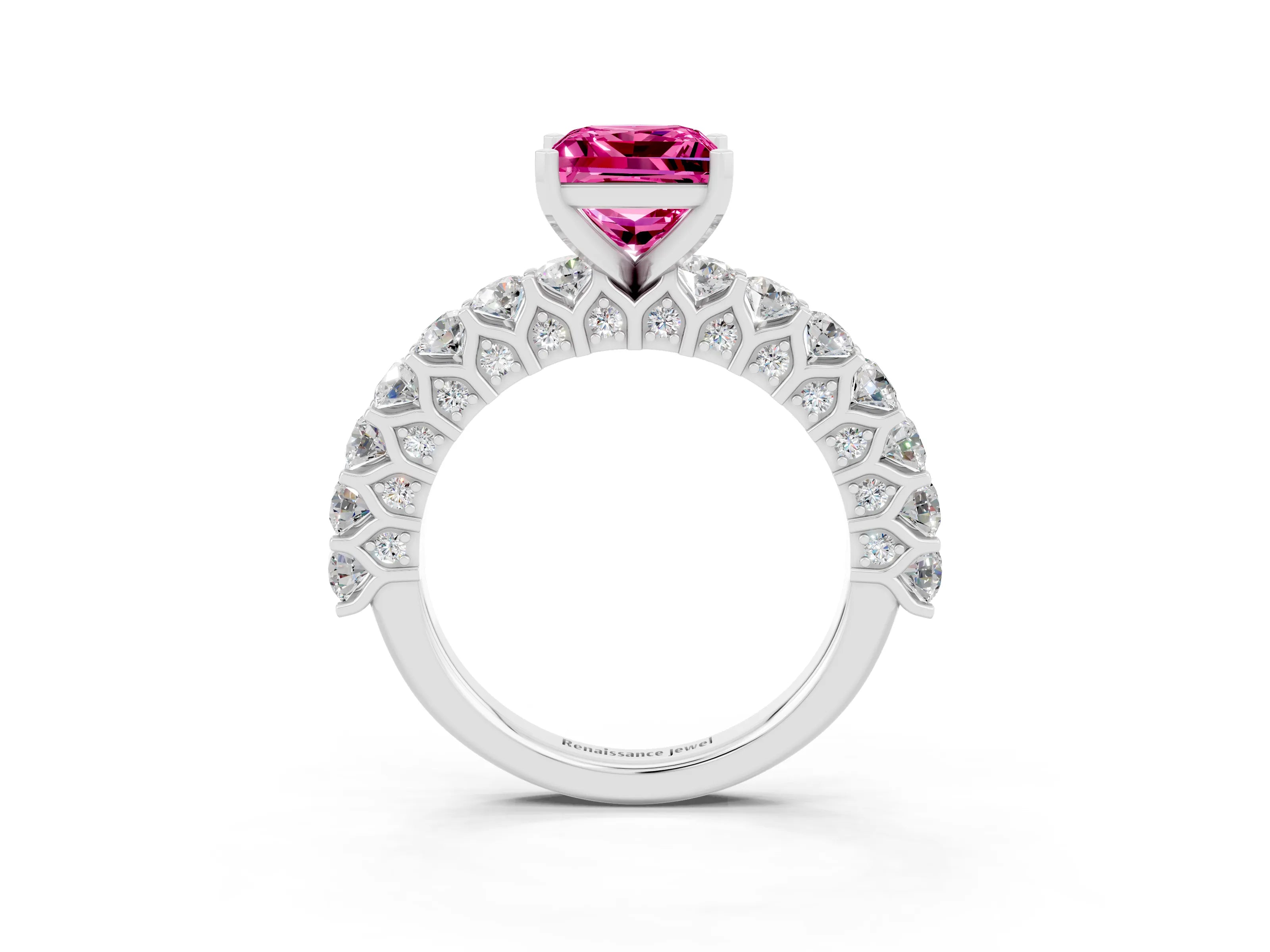 White gold Princess Cut Pink Sapphire Solitaire Ring with Shared Prong Pavé Band and Four-Prong Setting_3