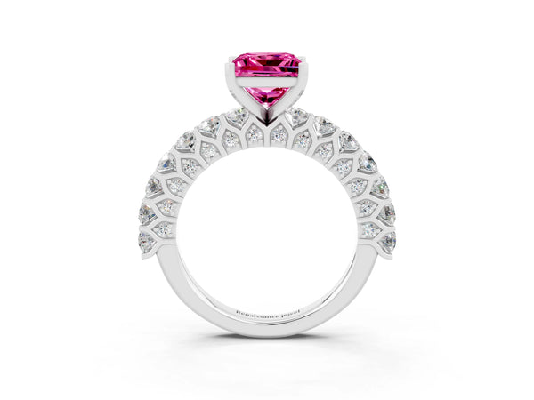 Silver Princess Cut Pink Sapphire Solitaire Ring with Shared Prong Pavé Band and Four-Prong Setting