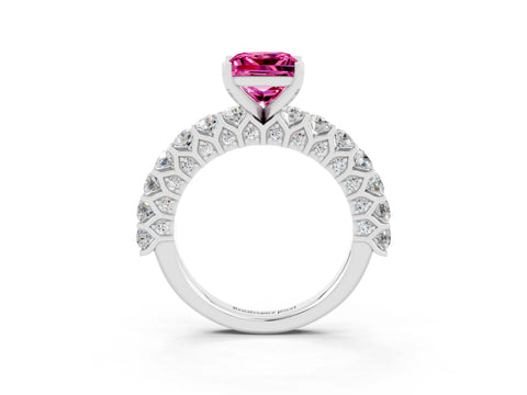 White gold Princess Cut Pink Sapphire Solitaire Ring with Shared Prong Pavé Band and Four-Prong Setting_3