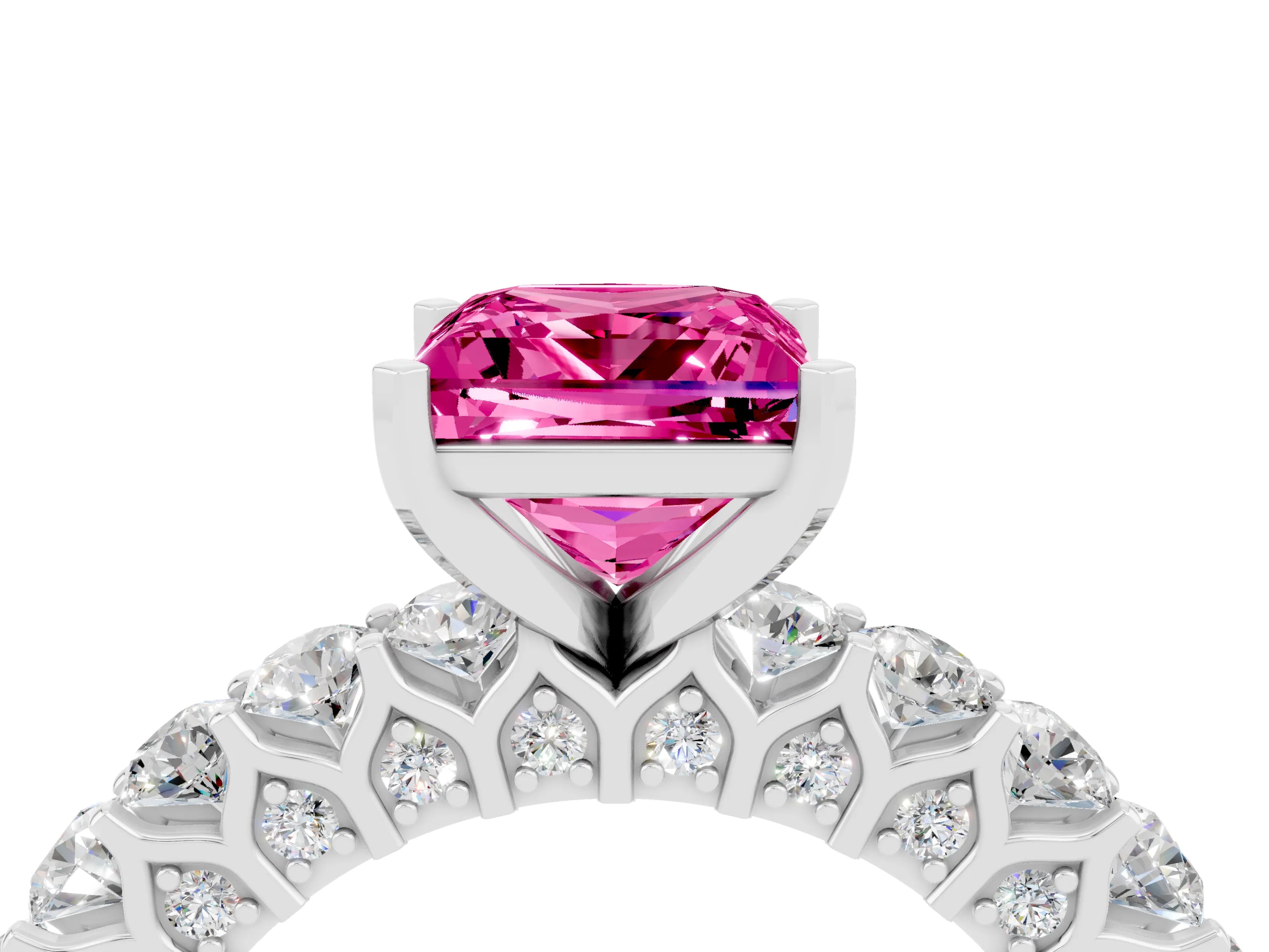 White gold Princess Cut Pink Sapphire Solitaire Ring with Shared Prong Pavé Band and Four-Prong Setting_4