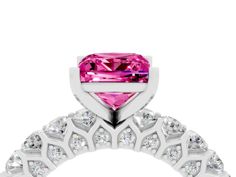 White gold Princess Cut Pink Sapphire Solitaire Ring with Shared Prong Pavé Band and Four-Prong Setting_4