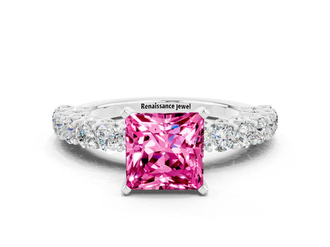 White gold Princess Cut Pink Sapphire Solitaire Ring with Shared Prong Pavé Band and Four-Prong Setting