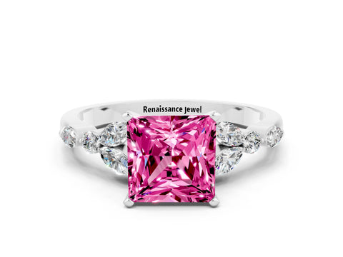 White gold Princess Cut Pink Sapphire Solitaire Ring with Side Stones and Four-Prong Setting_12