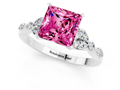 White gold Princess Cut Pink Sapphire Solitaire Ring with Side Stones and Four-Prong Setting_13