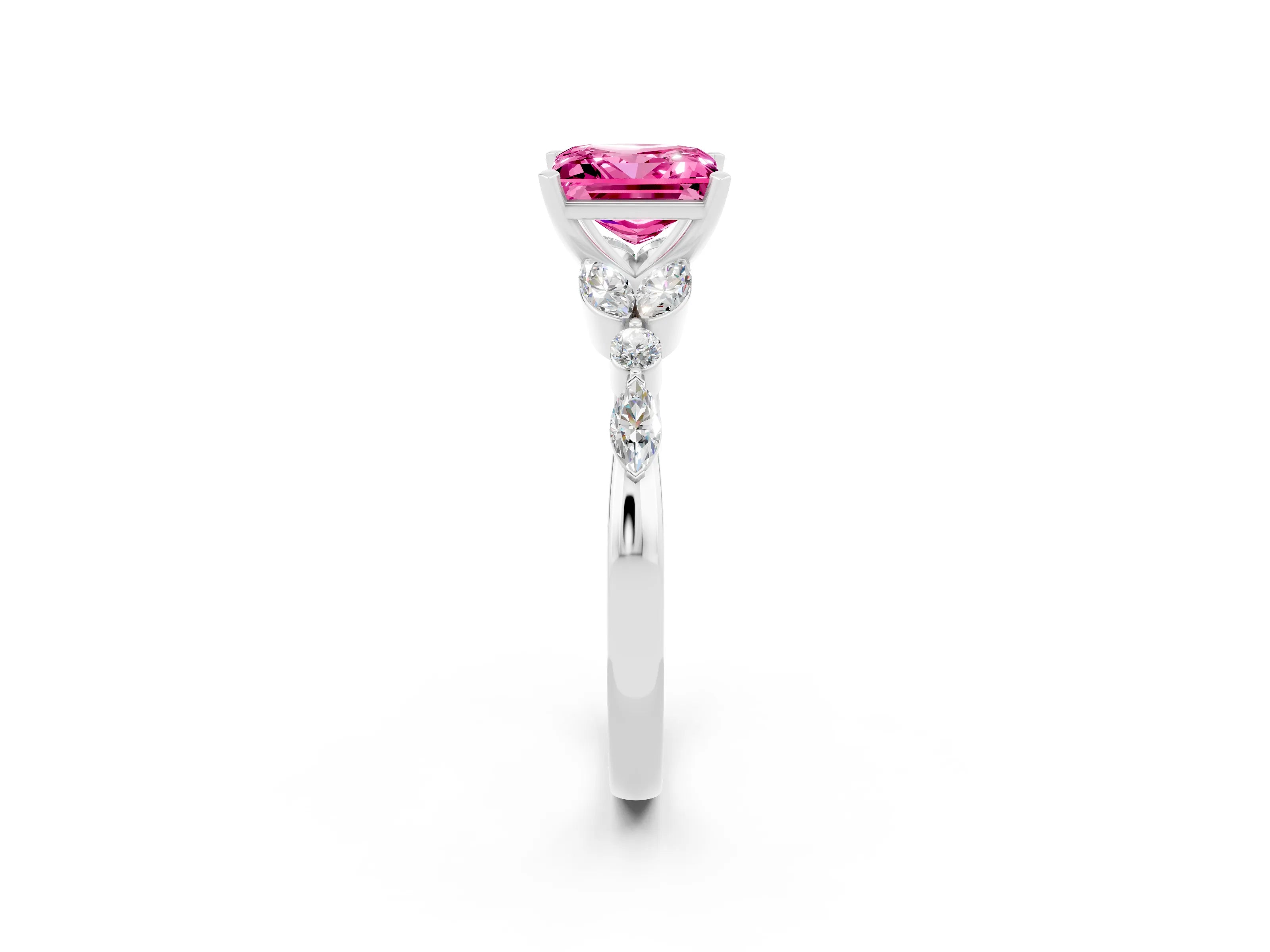 White gold Princess Cut Pink Sapphire Solitaire Ring with Side Stones and Four-Prong Setting_14