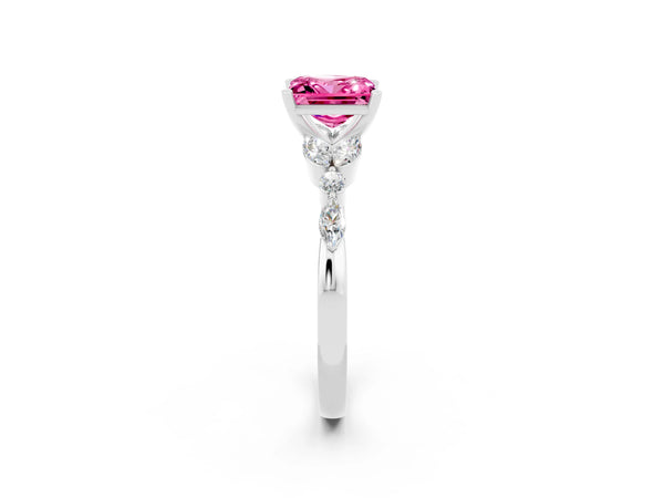 Platinum Princess Cut Pink Sapphire Solitaire Ring with Side Stones and Four-Prong Setting