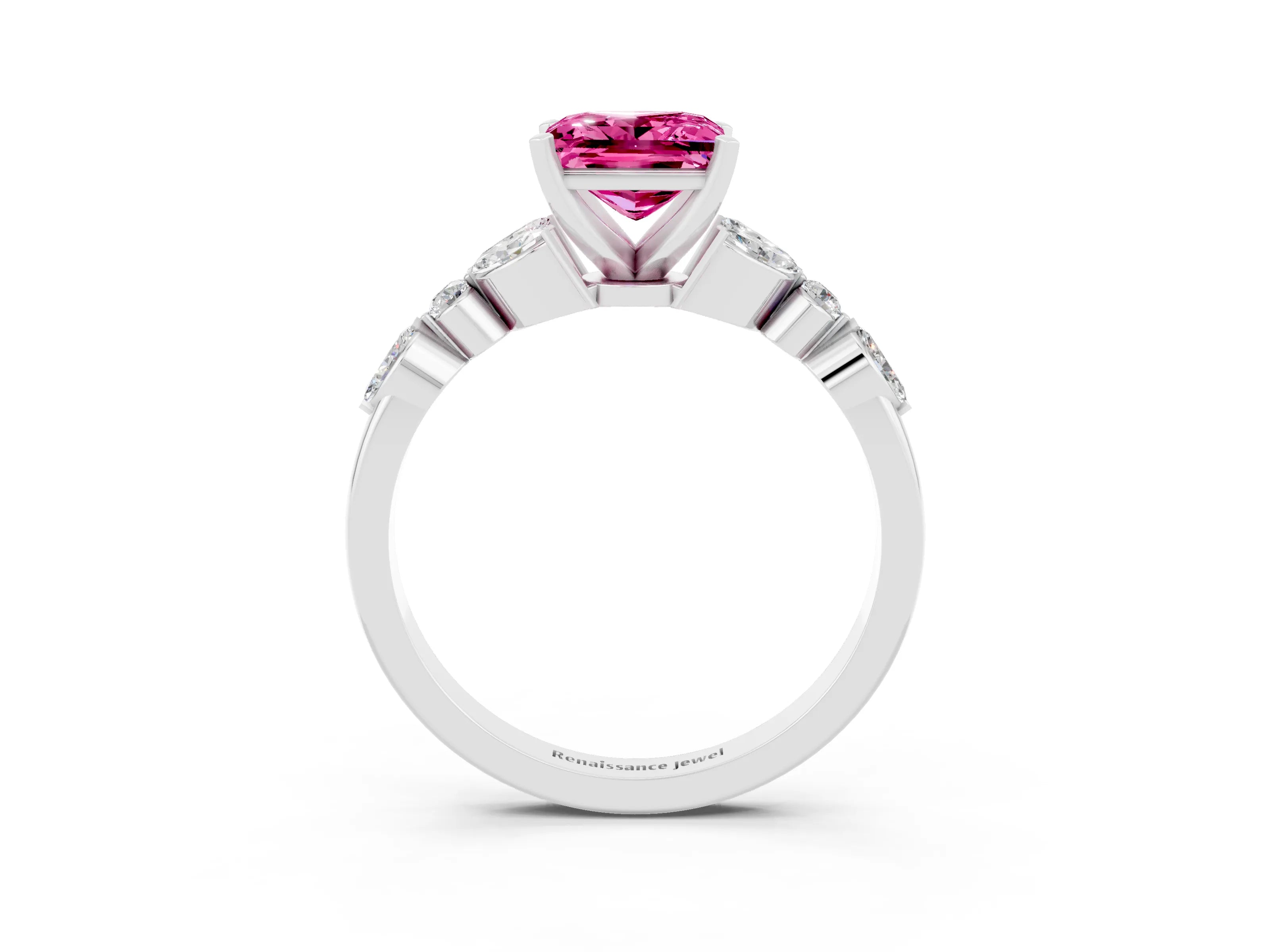 White gold Princess Cut Pink Sapphire Solitaire Ring with Side Stones and Four-Prong Setting_15
