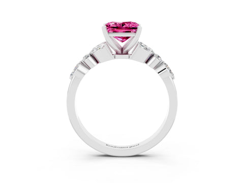 White gold Princess Cut Pink Sapphire Solitaire Ring with Side Stones and Four-Prong Setting_15